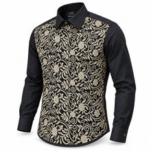 Sam Caan Men’s Black & Gold Floral Embroidered Long Sleeve Slim Fit Shirt  SC335