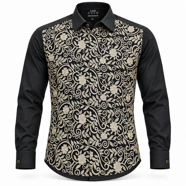 Sam Caan Men’s Black & Gold Floral Embroidered Long Sleeve Slim Fit Shirt  SC335