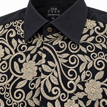 Sam Caan Men’s Black & Gold Floral Embroidered Regular Fit Shirt with French Cuffs SC335