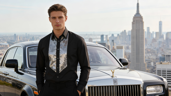 Men Slim Fit Black Shirt with Silver Sequin Front Detail SC323