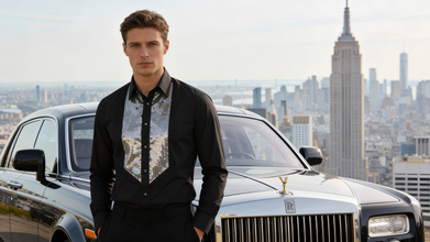 Men Regular Fit Black Shirt with Silver Sequin Front Detail SC323