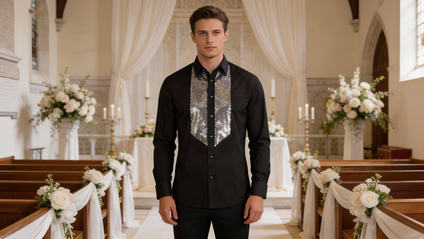 Men Slim Fit Black Shirt with Silver Sequin Front Detail SC323