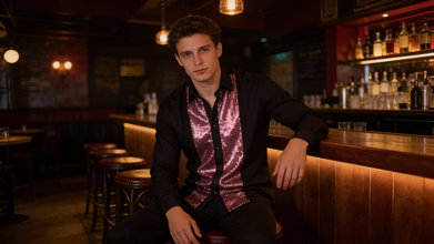 Men Regular Fit Black Shirt with Purple Sequin Front Detail SC324