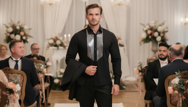 Men Regular Fit Black Shirt with Silver Sequin Front Detail SC323