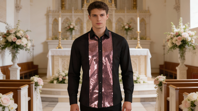 Men Regular Fit Black Shirt with Purple Sequin Front Detail SC324