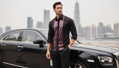 Men Regular Fit Black Shirt with Purple Sequin Front Detail SC324