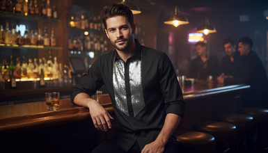 Men Regular Fit Black Shirt with Silver Sequin Front Detail SC323