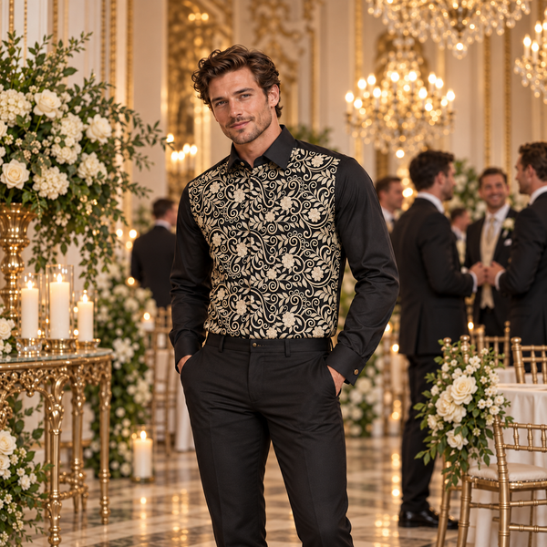 Sam Caan Men’s Black & Gold Floral Embroidered Long Sleeve Slim Fit Shirt  SC335