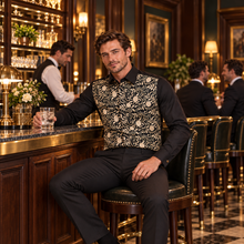 Sam Caan Men’s Black & Gold Floral Embroidered Regular Fit Shirt with French Cuffs SC335