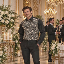 Sam Caan Men’s Black & Gold Floral Embroidered Long Sleeve Slim Fit Shirt  SC335