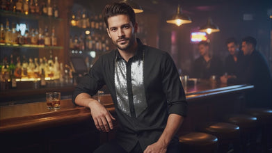 Men Regular Fit Black Shirt with Silver Sequin Front Detail SC323