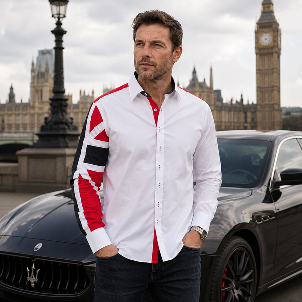 Men White Slim Fit Shirt with UK Flag on Sleeves